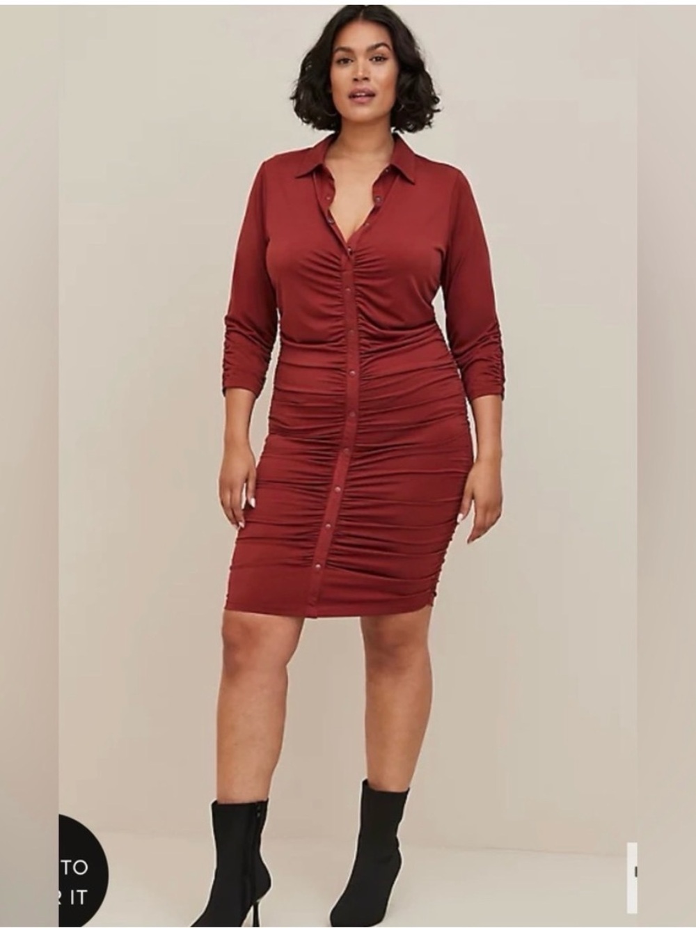 Torrid Ruched Button-Front Dress in Brick Red